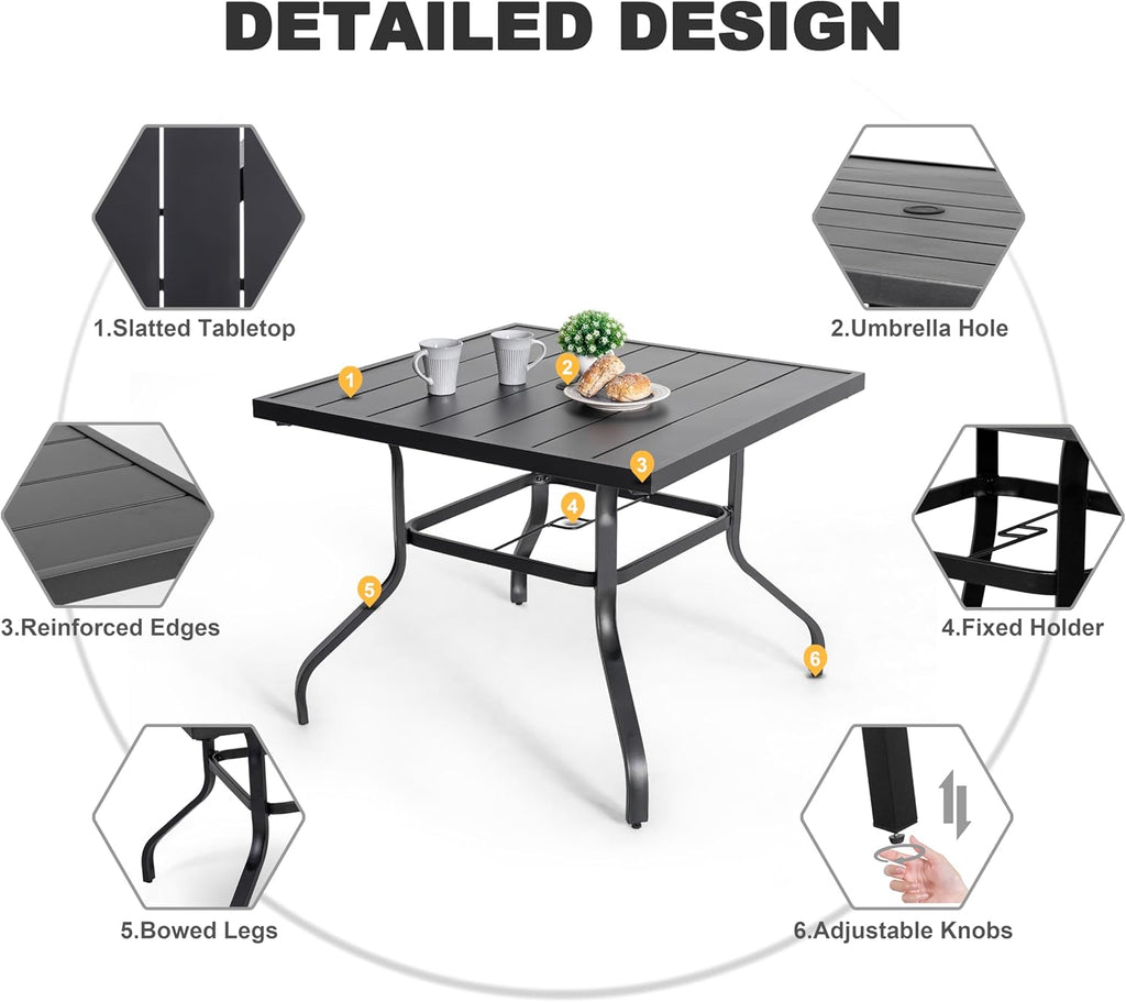 NUU GARDEN 5-Piece Breathable Textilene Outdoor Dining Set, Slatted Outdoor Table and Chairs with Swivel Base, All Weather Patio Furniture Set with Umbrella Hole for Backyard, Garden, Blue