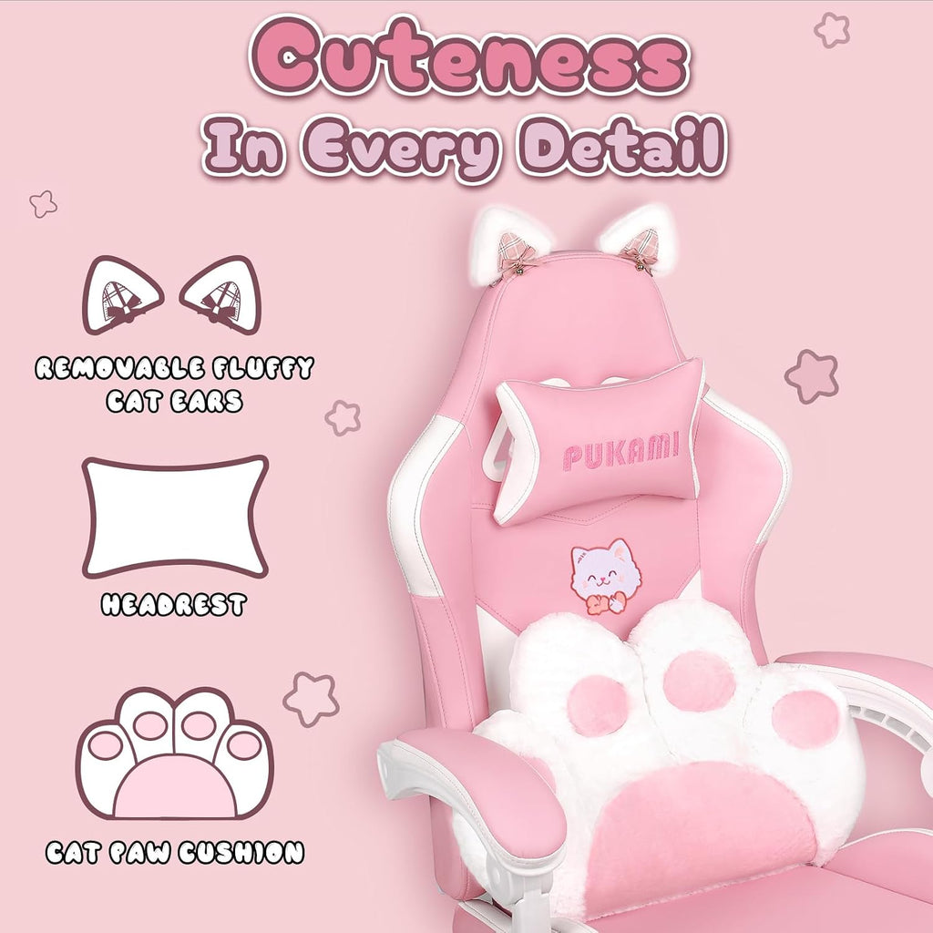 PUKAMI Pink Gaming Chair Cute with Cat Ears and Cat Paw Lumbar Cushion, Ergonomic Computer Chair for Girl with Footrest and Headrest, Comfortable Reclining PC Game Chair for Adult, Teen (Pink)