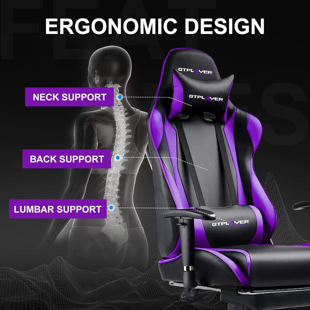 GTPLAYER Gaming Chair with Footrest, Ergonomic Computer Game Desk Chair, Recline Gaming Chair Seat Height Adjustment, Swivel Rocker with Headrest and Lumbar (Purple)
