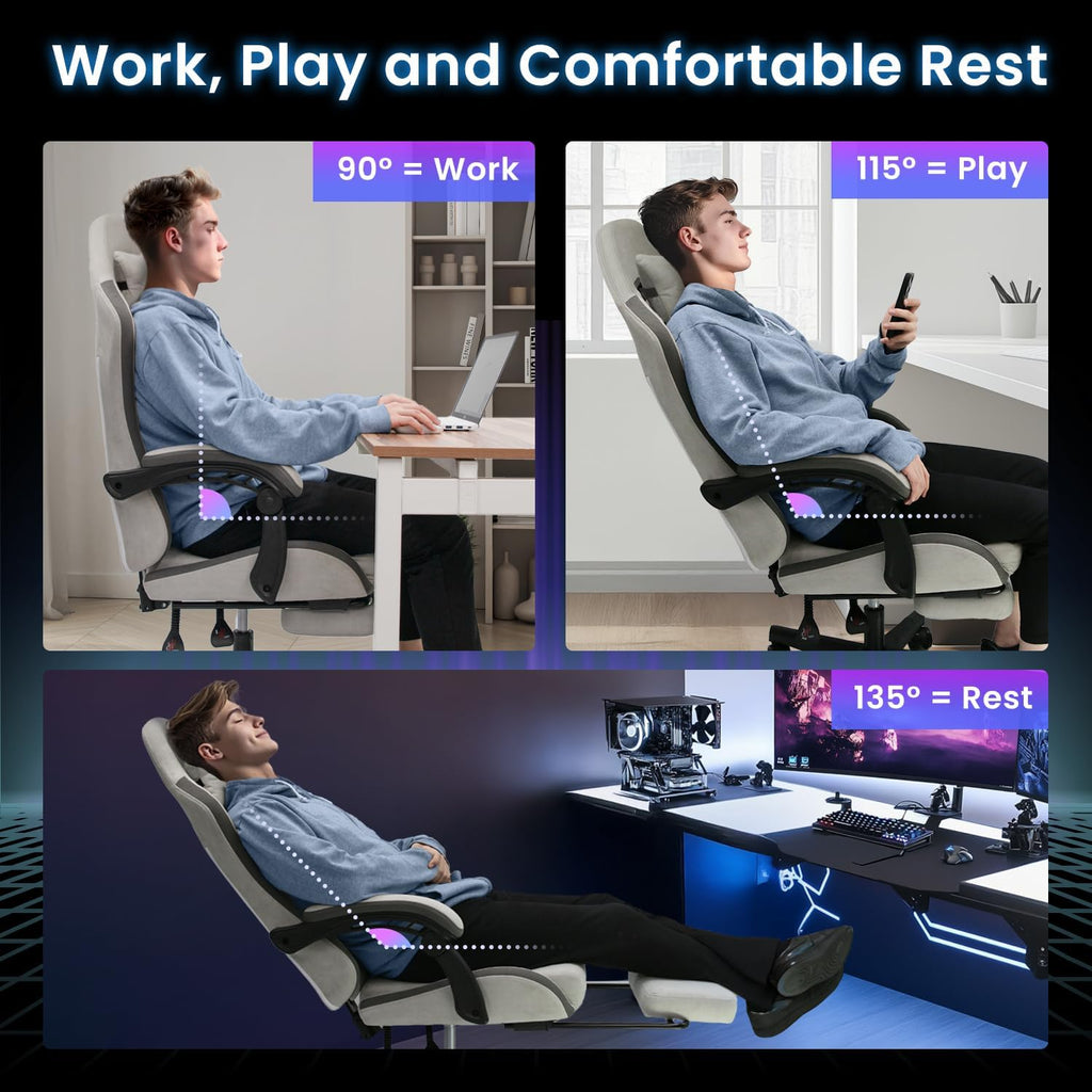 N-GEN GAMING Video Gaming Chair Office Computer Desk Use Ergonomic Reclining Backrest Adjustable Armrests Lumbar Support Footrest High Density Foam Breathable Fabric Heavy Duty Base (Grey)