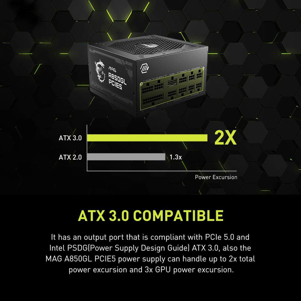 MSI MAG A850GL PCIE5, Fully Modular Compact Gaming 850W Power Supply, 80+ Gold, ATX 3.1 & PCIe 5.1 Ready, Native Dual-Color 12V-2x6 Cable, 10 Year Warranty