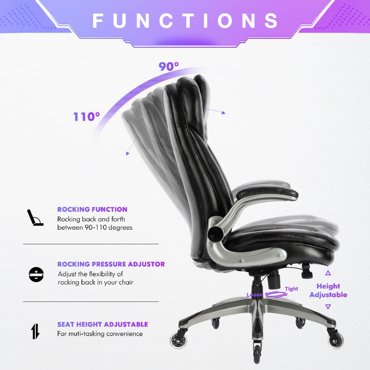 COLAMY Executive Office Chair, Bonded Leather Desk Chair with Flip-Up Arms, Lumbar Support, Ergonomic Tilt & Tension Control for Home Office