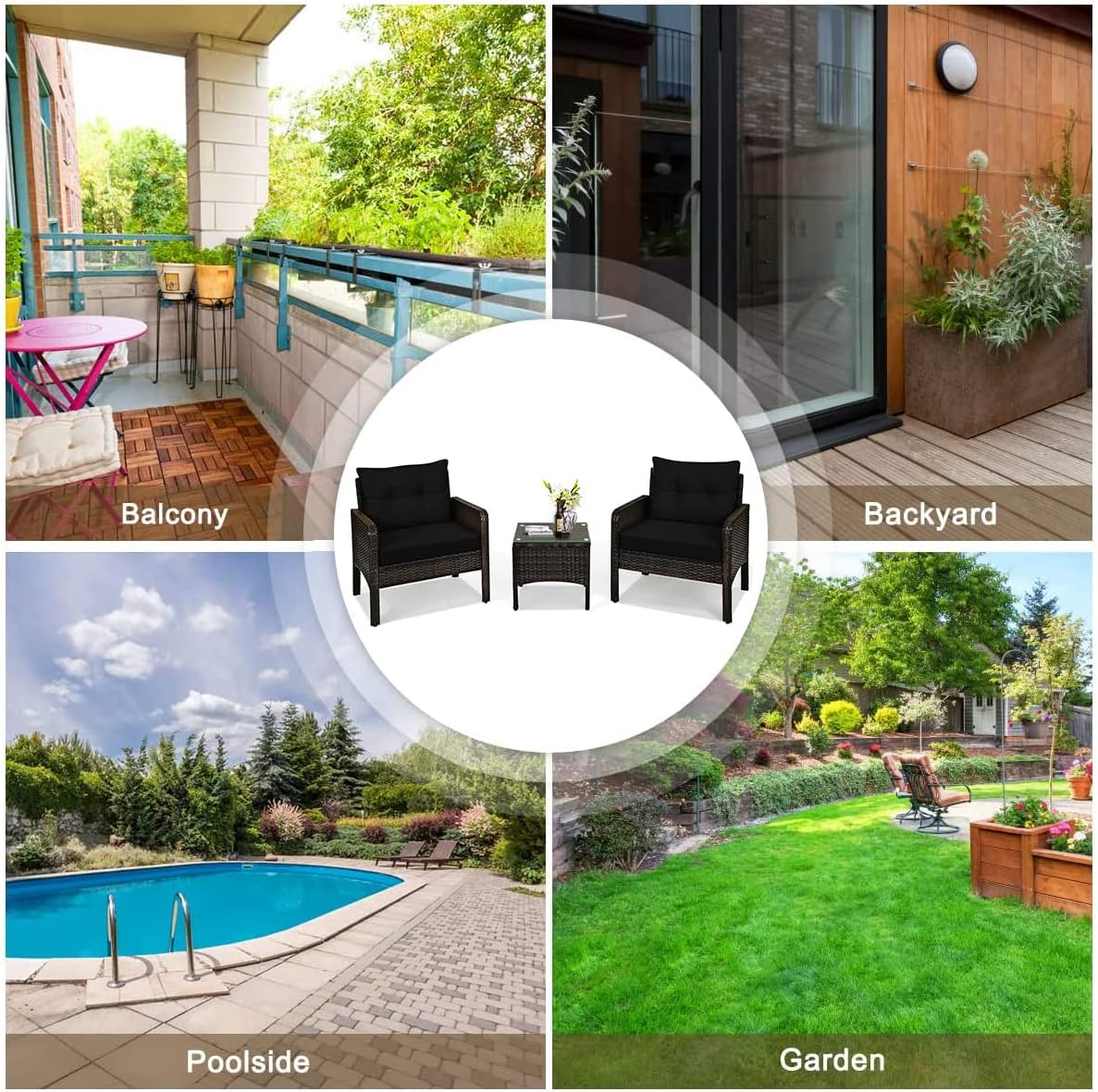 HAPPYGRILL 3 Pieces Patio Conversation Set Outdoor Rattan Wicker Furniture Set with Coffee Table & Chairs Patio Bistro with Seat Cushions for Garden Balcony Backyard Poolside