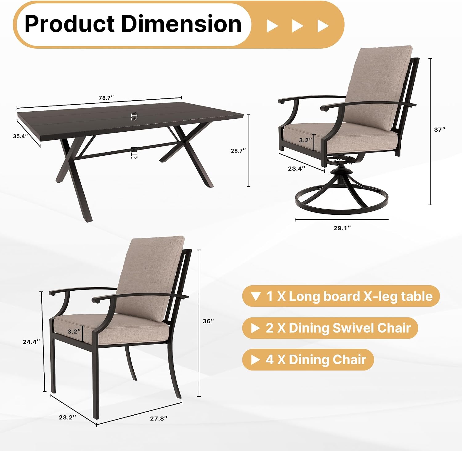 Gotland 7 Piece Outdoor Dining Set, Metal Outdoor Table and Swivel Chairs with X-Shaped Legs 1.5' Umbrella Hole, Patio Furniture Set with Waterproof Cushions, Patio Dining Sets for Backyard Deck Khaki