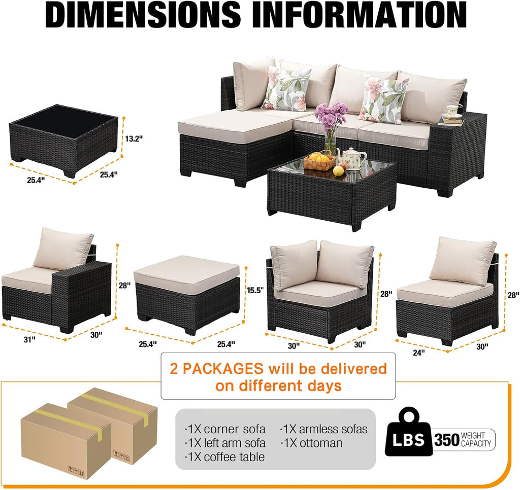 JOYURE 5 Pieces Patio Furniture Set All-Weather Outdoor Wicker Sectional Conversation Sofa Rattan Patio Seating Sofa with Cushion and Glass Table and Ottoman for Porch,Beige