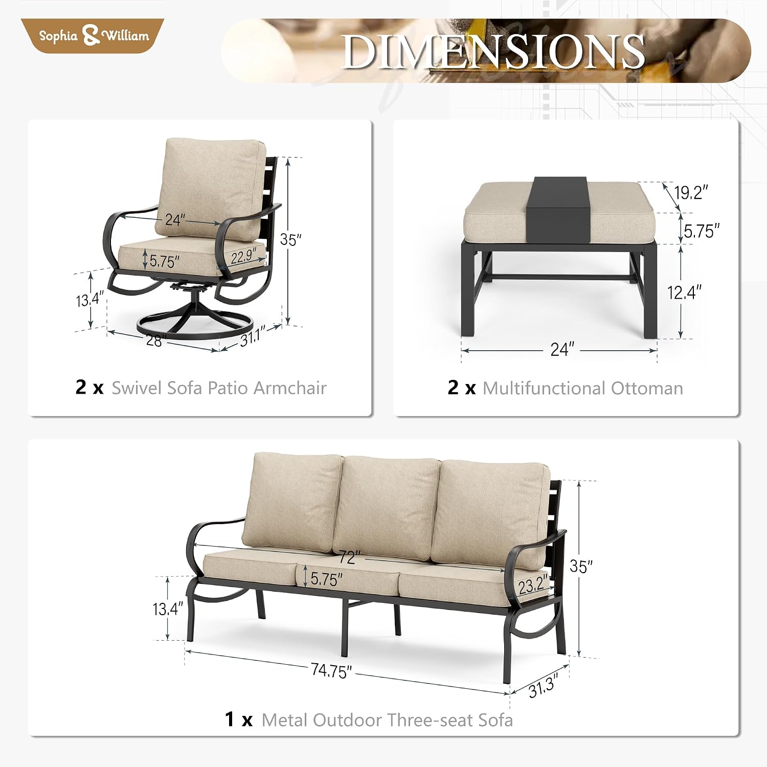 Sophia & William Patio Furniture Sets for 5 Outdoor Metal Conversation Sets 5 Pcs with 2 x Cushioned Swivel Sofa Chairs, 2 x Ottomans as Coffee Table, 1 x 3-Seat Sofa, Lawn Backyard Poolside Beige