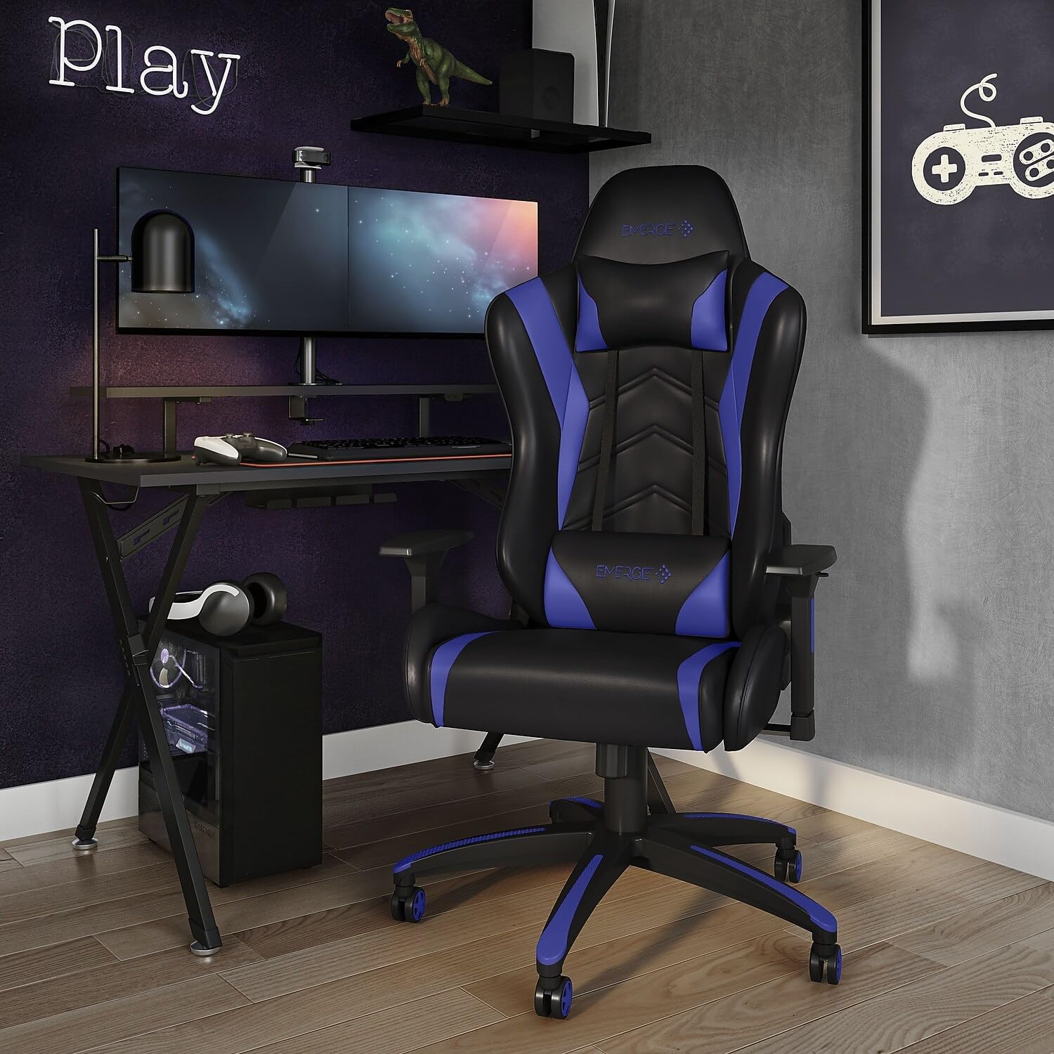 STAPLES Emerge Vartan Gaming Chair, Ergonomic, Adjustable Height, Swivel, Blue