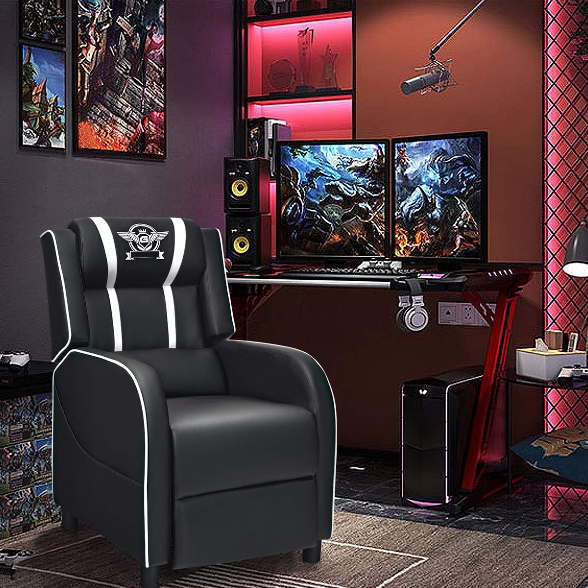 Giantex Gaming Recliner Chair, Adjustable Massage Gaming Chairs for Adults, Ergonomic Comfortable Lounge Leather Sofa w/Footrest, Remote Control, Side Pocket, Racing Style Single Sofa Recliners, White