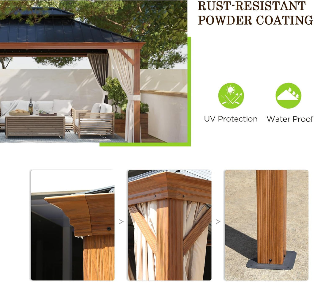 12x16 Hardtop Gazebo with Netting and Curtains, Galvanized Steel Double Roof Outdoor Pavilion with Wood Grain Aluminum Frame, Patio Gazebo for Deck, Garden, Lawn, Woodgrain/Black