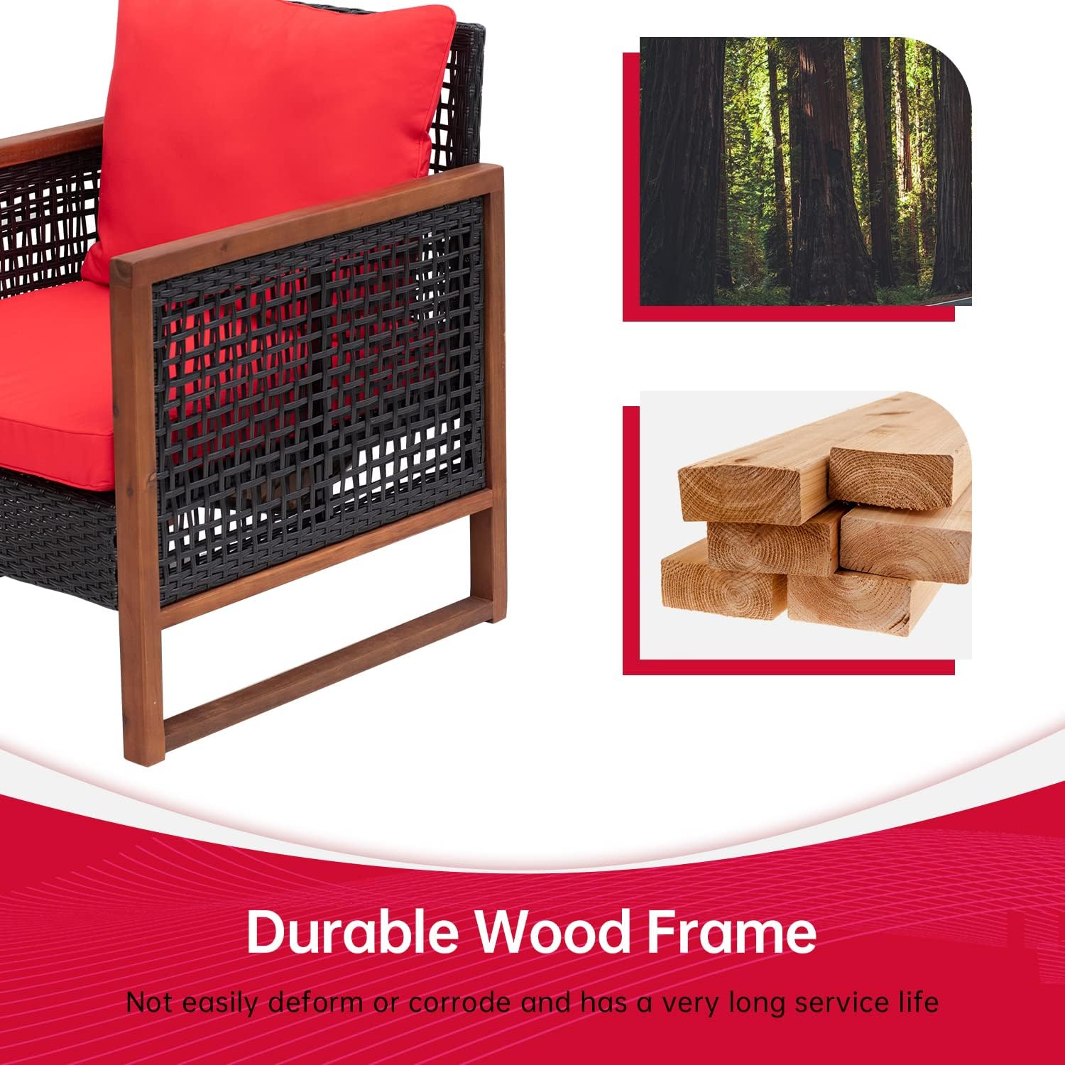 FDW Patio Bistro Set 3-Piece Acacia Wood Outdoor Chat Conversation Table Chair Set Outdoor Wood Chat Set with Water Resistant Cushions and Coffee Table for Beach Backyard Garden,Red Cushion