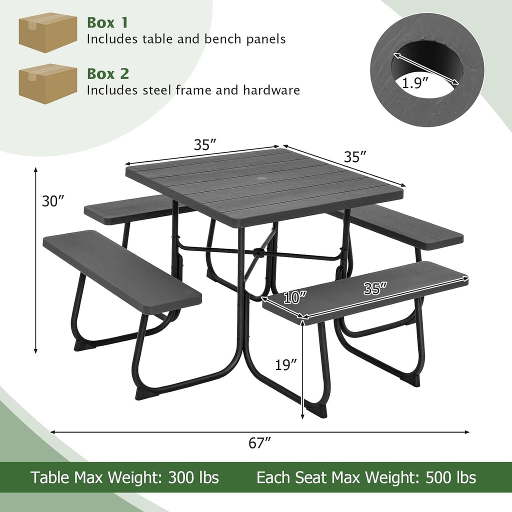 Giantex Picnic Table Bench Set for 8 Persons, Square Outdoor Table with Umbrella Hole, HDPE Top & Metal Frame, 2000LBS Capacity, Patio Table Bench Set for Deck Backyard Garden, Black