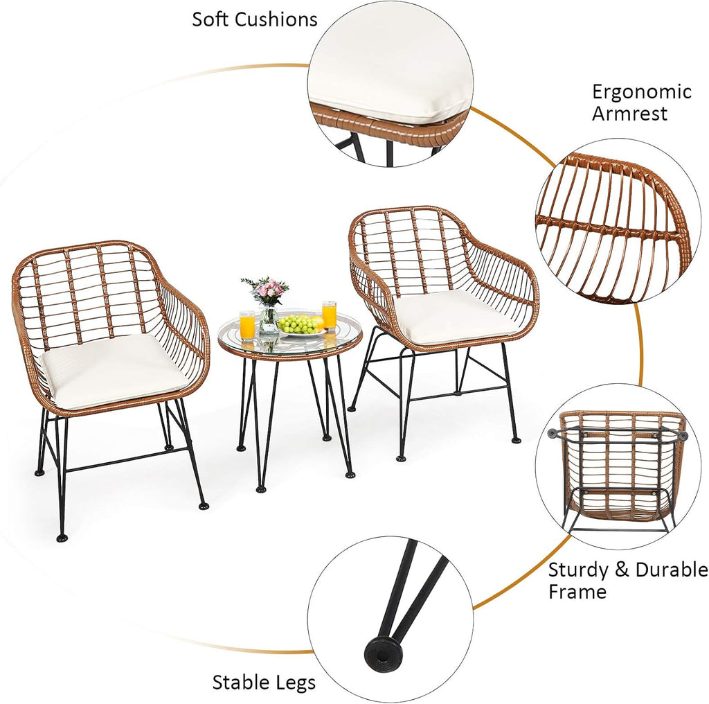 Tangkula 3 Pieces Patio Conversation Bistro Set, Outdoor Wicker Furniture w/Round Tempered Glass Top Table & 2 Rattan Armchairs, Bistro Chat Set w/Seat Cushions for Porch, Backyard, Garden