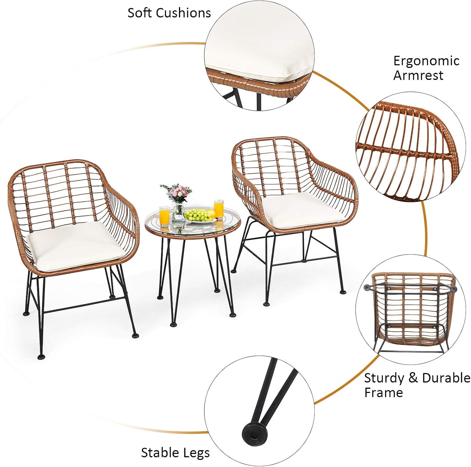 Tangkula 3 Pieces Patio Conversation Bistro Set, Outdoor Wicker Furniture w/Round Tempered Glass Top Table & 2 Rattan Armchairs, Bistro Chat Set w/Seat Cushions for Porch, Backyard, Garden