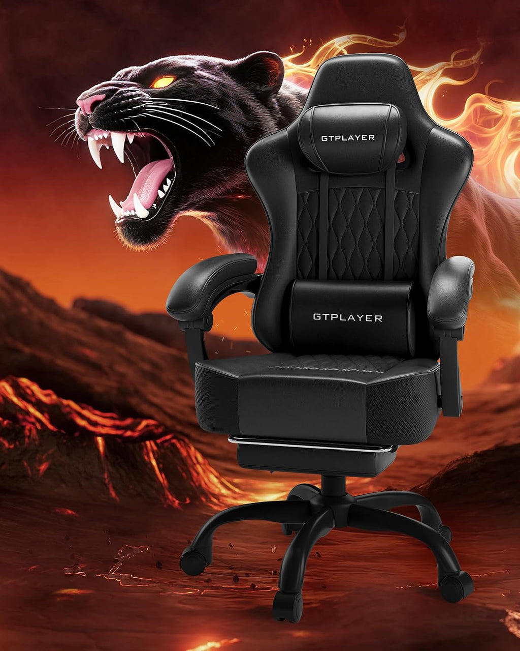 GTPLAYER Big and Tall Gaming Chair with Footrest, Computer Office Chair with Pocket Spring Cushion, Linkage Armrests, Comfortable Leather Computer Chair