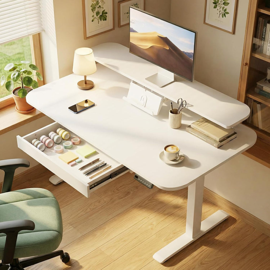 GTPLAYER Electric Standing Desk with Drawers, 55 x 24 Inches Height Adjustable Computer Desk with Monitor Stand, Laptop Stand, Home Office Sit Stand Up Desk with Memory Preset, White