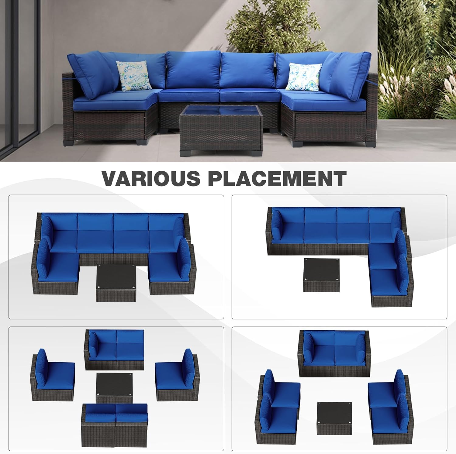 7 Pieces Patio Furniture Set (Brown/Blue), All-Weather Outdoor Sectional Sofa with Anti-Slip Cushions & 2 Pillows, Conversation Set Perfect for Garden, Lawn, Deck