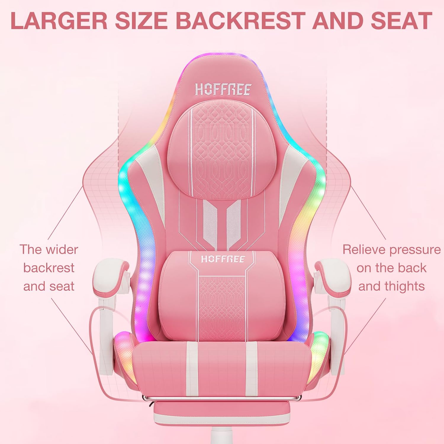 HOFFREE Pink Led Gaming Chair with Bluetooth Speakers Massage Gaming Chair with RGB Lights Big and Tall Gamer Chairs for 400lbs Heavy People High Back Computer Desk Chair with Footerst Pink and White