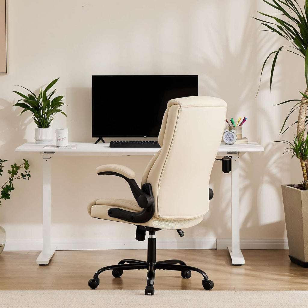 Sweetcrispy Ergonomic Computer Gaming Office Chair Set of 2, Heavy Duty Task Desk Swivel Rolling Chairs with Wheels, Flip-up Arms, Adjustable Height, PU Leather,Cream White