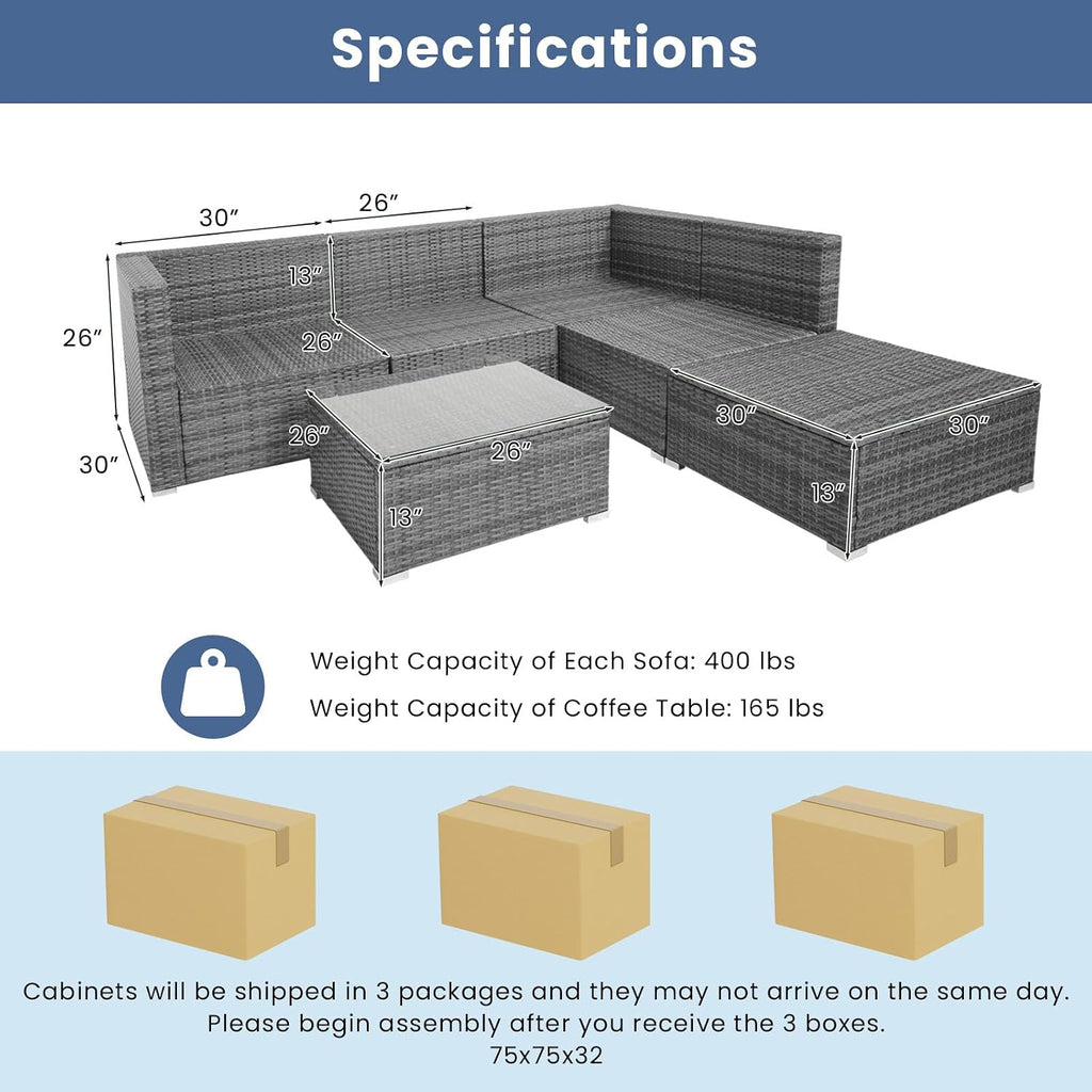 Tangkula 6 Pieces Sectional Patio Furniture Set, Weather Resistant Heavy Duty Outdoor Modular Sofa Set with Soft Padded Cushions, Tempered Glass Coffee Table, for Deck, Garden, Lawn, Poolside (Navy)