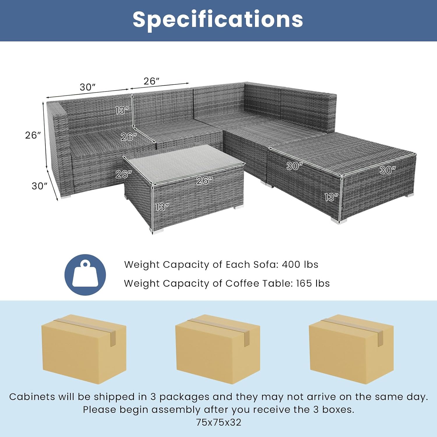Tangkula 6 Pieces Sectional Patio Furniture Set, Weather Resistant Heavy Duty Outdoor Modular Sofa Set with Soft Padded Cushions, Tempered Glass Coffee Table, for Deck, Garden, Lawn, Poolside (Navy)