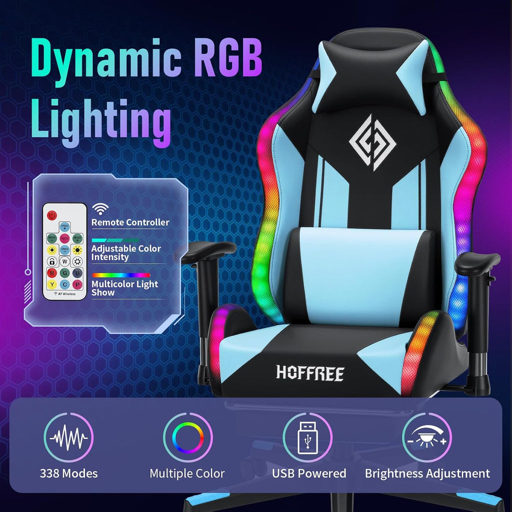 HOFFREE RGB LED Gaming Chair for Kids Reclining Gaming Chairs for Teens 8-15 Computer Chair with RGB Lights Kids PC Game Chair with Footrest and Lumbar Support Video Game Chairs Blue and Black