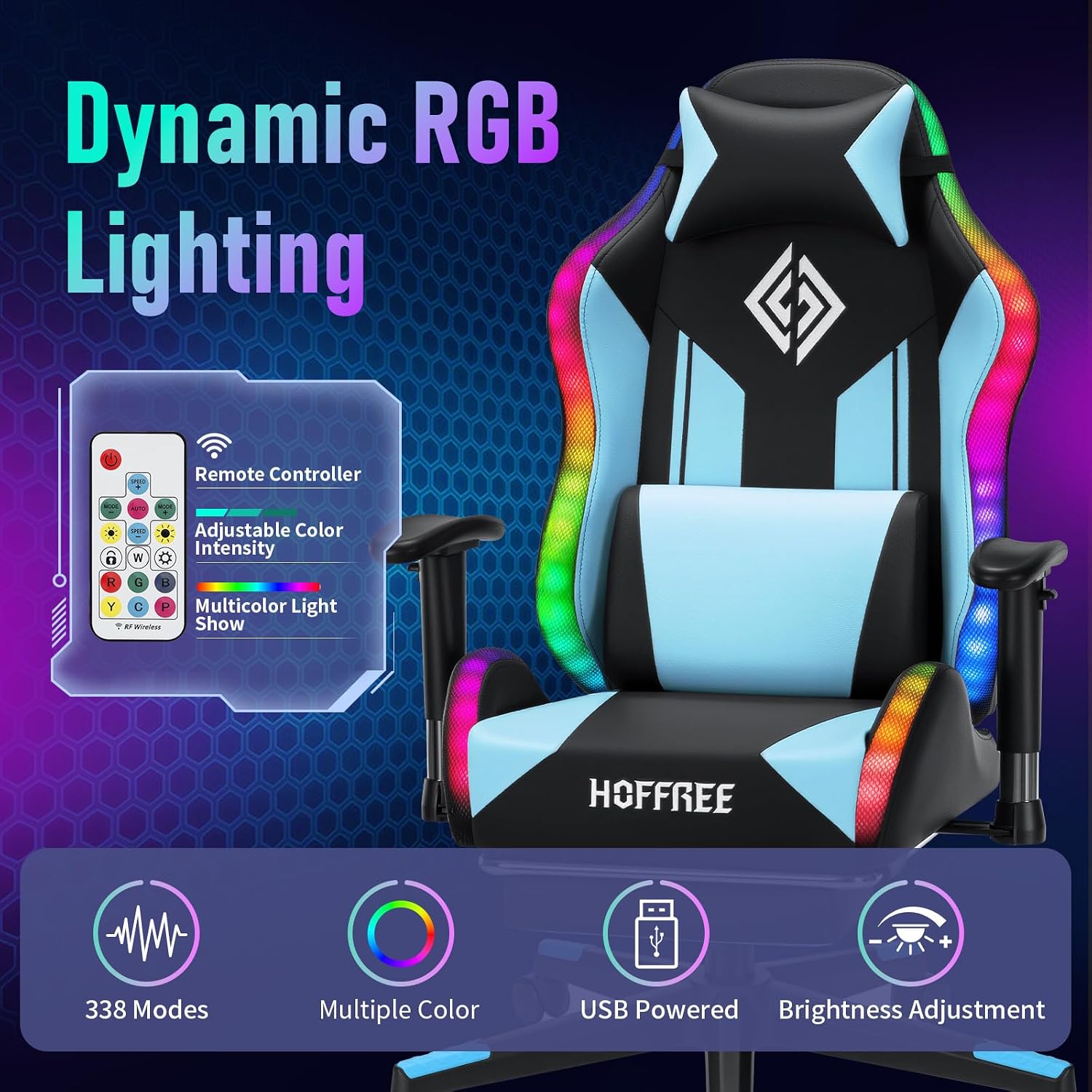 HOFFREE RGB LED Gaming Chair for Kids Reclining Gaming Chairs for Teens 8-15 Computer Chair with RGB Lights Kids PC Game Chair with Footrest and Lumbar Support Video Game Chairs Blue and Black