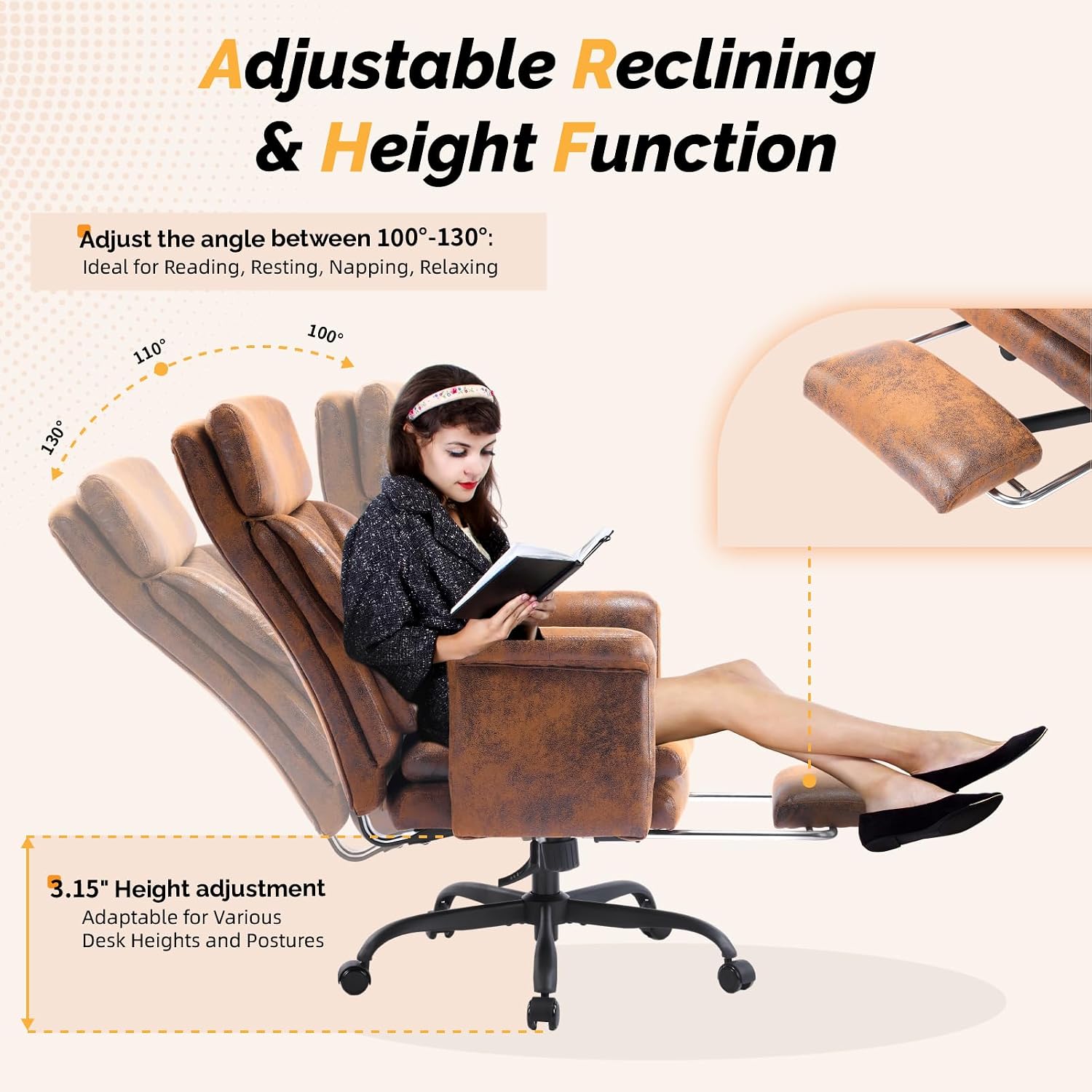 VINGLI 100-130° Reclining Tall Office Chair with Foot Rest & Adjustable Armrests, Ergonomic Criss Cross Chair with Wheels & Headrest, Comfy Wide-Seat Gamer Chair for the Heavy, Microfiber, Vintage