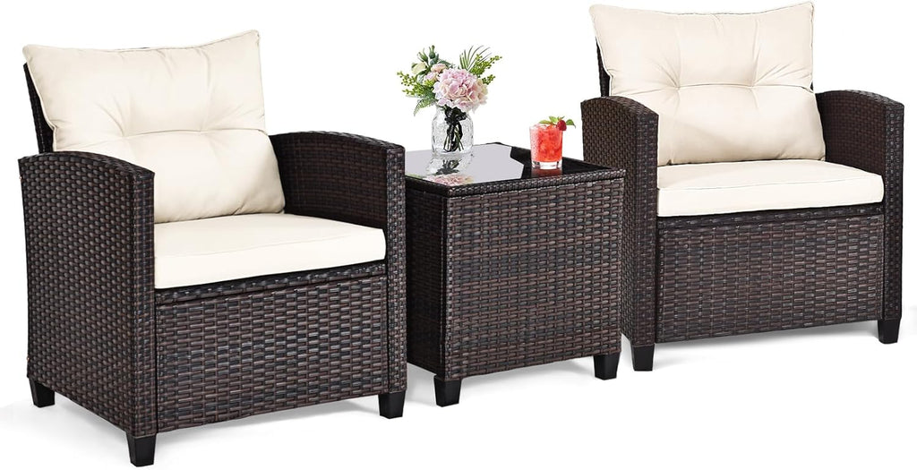 ORALNER 3 Pieces Patio Furniture Set, Outdoor Wicker Conversation Set Rattan Chairs with Cushions, Glass Coffee Table, Bistro Set for Front Porch Balcony Garden Deck Poolside (White)