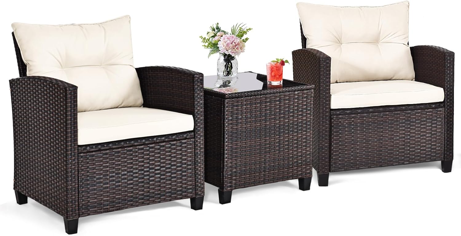ORALNER 3 Pieces Patio Furniture Set, Outdoor Wicker Conversation Set Rattan Chairs with Cushions, Glass Coffee Table, Bistro Set for Front Porch Balcony Garden Deck Poolside (White)