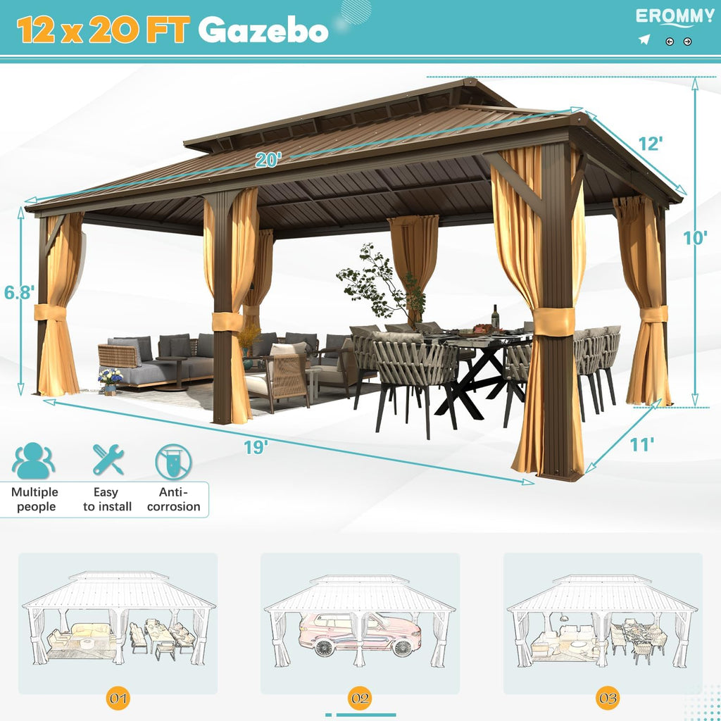 EROMMY 12' x 20' Hardtop Gazebo, Aluminum Frame Gazebos with Galvanized Steel Double Roof, Permanent Outdoor Metal Pavilion with Curtain and Netting for Patio, Lawn, Deck