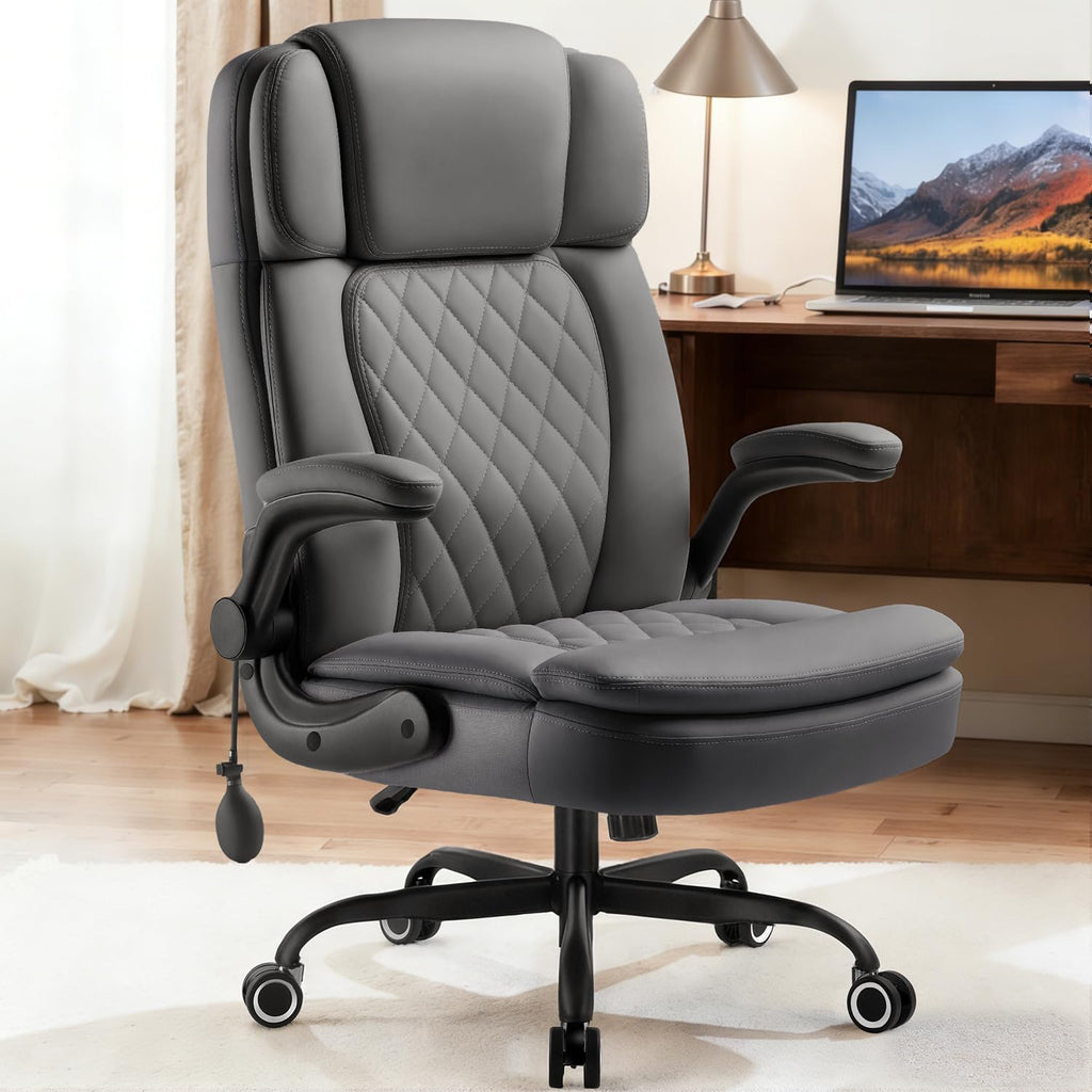 450 LBS Big and Tall Executive Office Chair with Flip up Arm, Heavy Duty Leather Computer Desk Chair,Comfortable High Back Swivel Home Office Chair with Rolling for Adults (Gray)