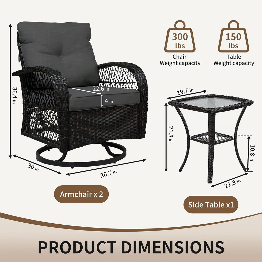 SHGJ&SOFT 3 Piece Patio Furniture Set, 2 Outdoor Swivel Rocking Chairs with Side Table, Wicker Glider Chairs, All-Weather Rattan Bistro Set for Porch, Deck, Pool (Grey, Brown Open-Weave Rattan)