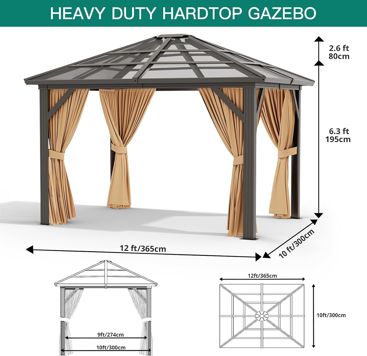 GAOMON 10'x12' Hardtop Gazebo, Outdoor Polycarbonate Double Roof Canopy, Aluminum Frame Permanent Pavilion with Curtains and Netting, Sunshade for Garden, Patio, Lawns (10x12ft), Brown