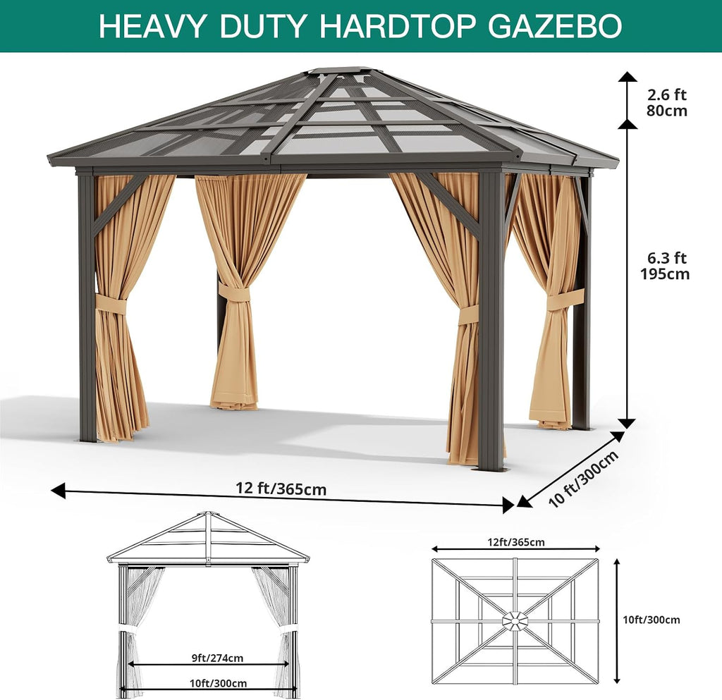 10'x12' Hardtop Gazebo, Outdoor Polycarbonate Single Roof Canopy, Aluminum Frame Permanent Pavilion with Curtains and Netting, Sunshade for Garden, Patio, Lawns