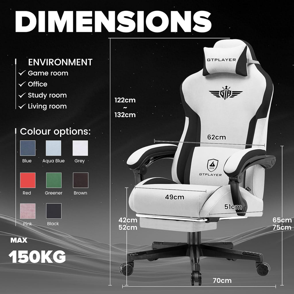 GTPLAYER Gaming Chair, Computer Office Chair Lumbar Support, Linkage Armrests and Footrest, Ergonomic Game Chair for Adults with Extended Backrest, Fabric, Grey