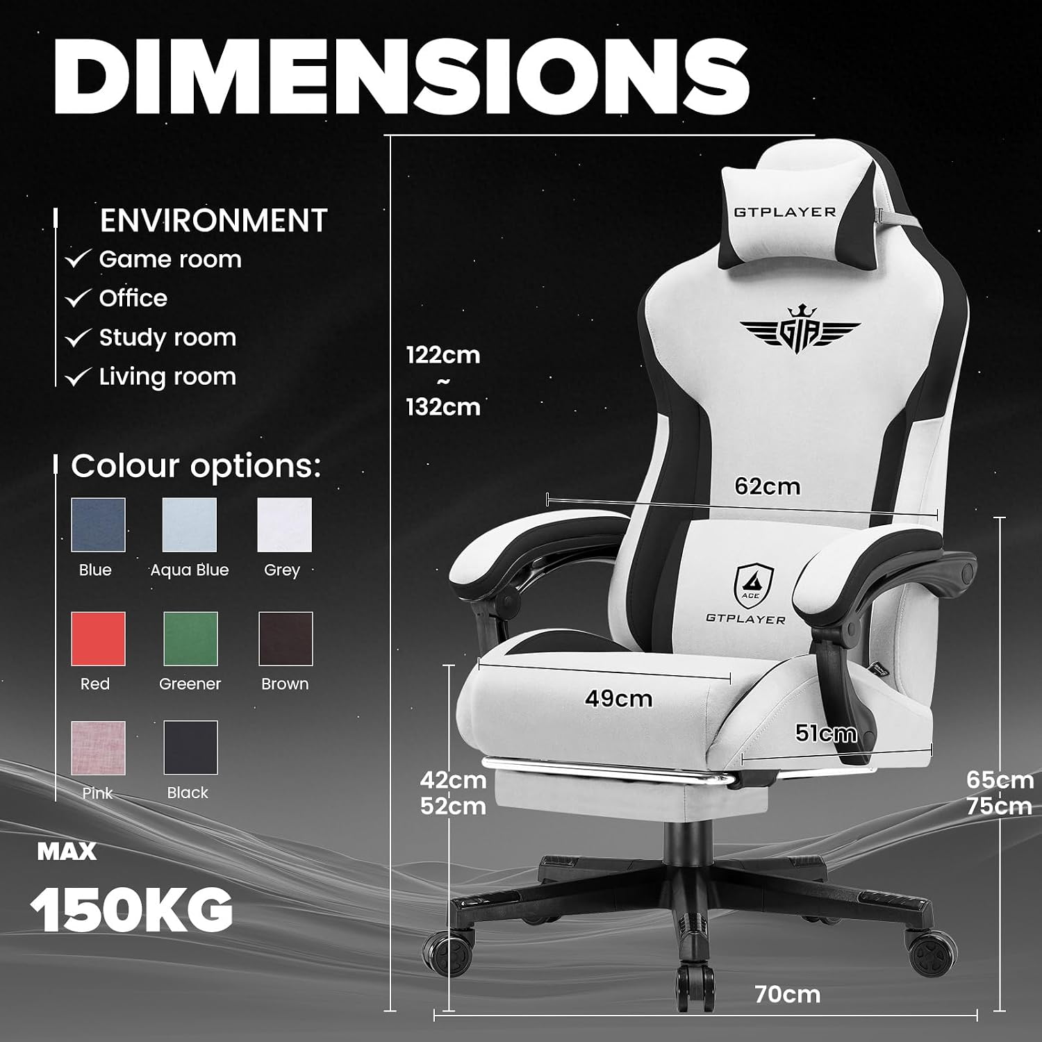 GTPLAYER Gaming Chair, Computer Office Chair Lumbar Support, Linkage Armrests and Footrest, Ergonomic Game Chair for Adults with Extended Backrest, Fabric, Grey