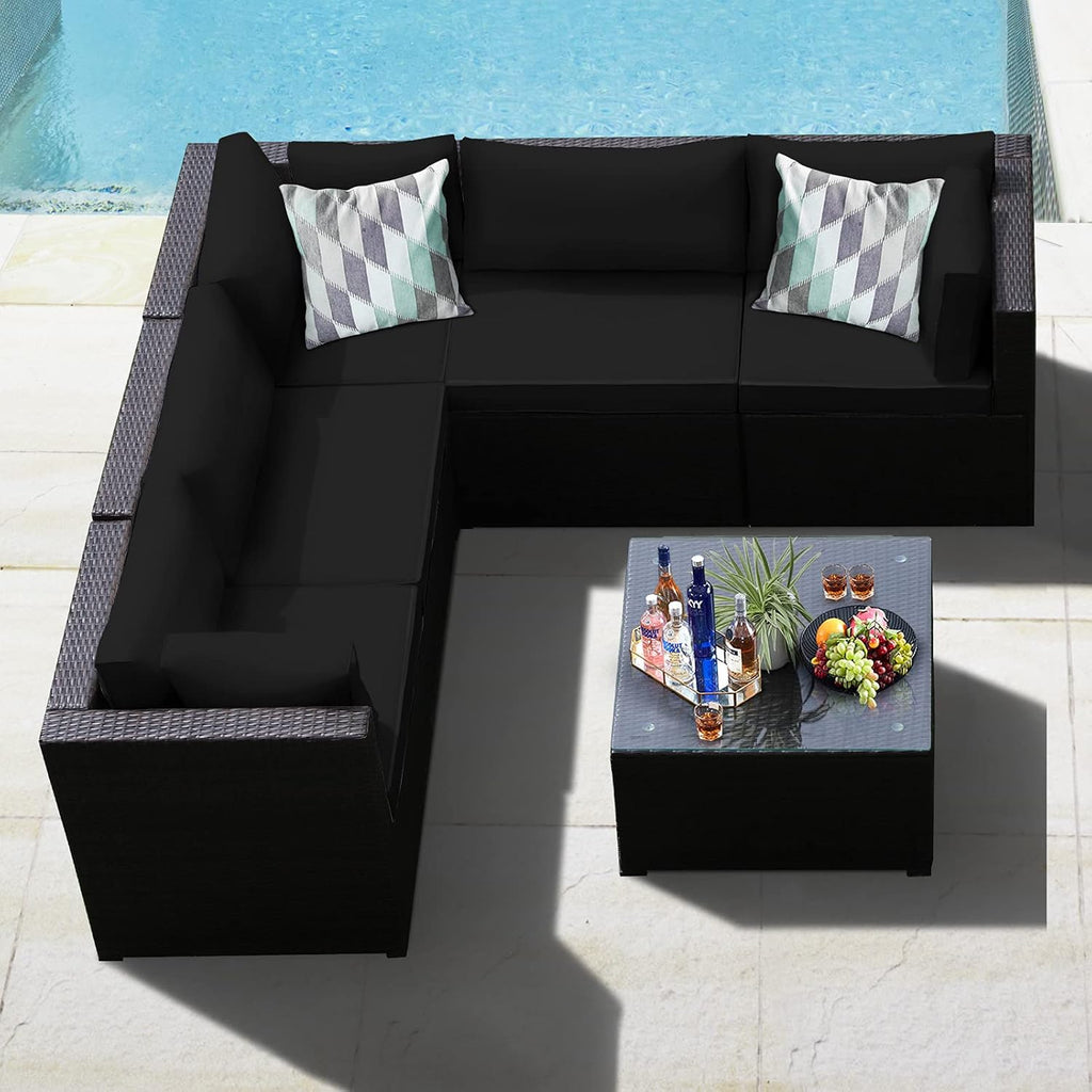 Tangkula 6 Pieces Patio Furniture Set, Outdoor Rattan Sofa Set, Wicker Conversation Set w/Tempered Glass Coffee Table & Cushions, Sectional Sofa Set for Backyard, Garden, Balcony, Poolside (Black)