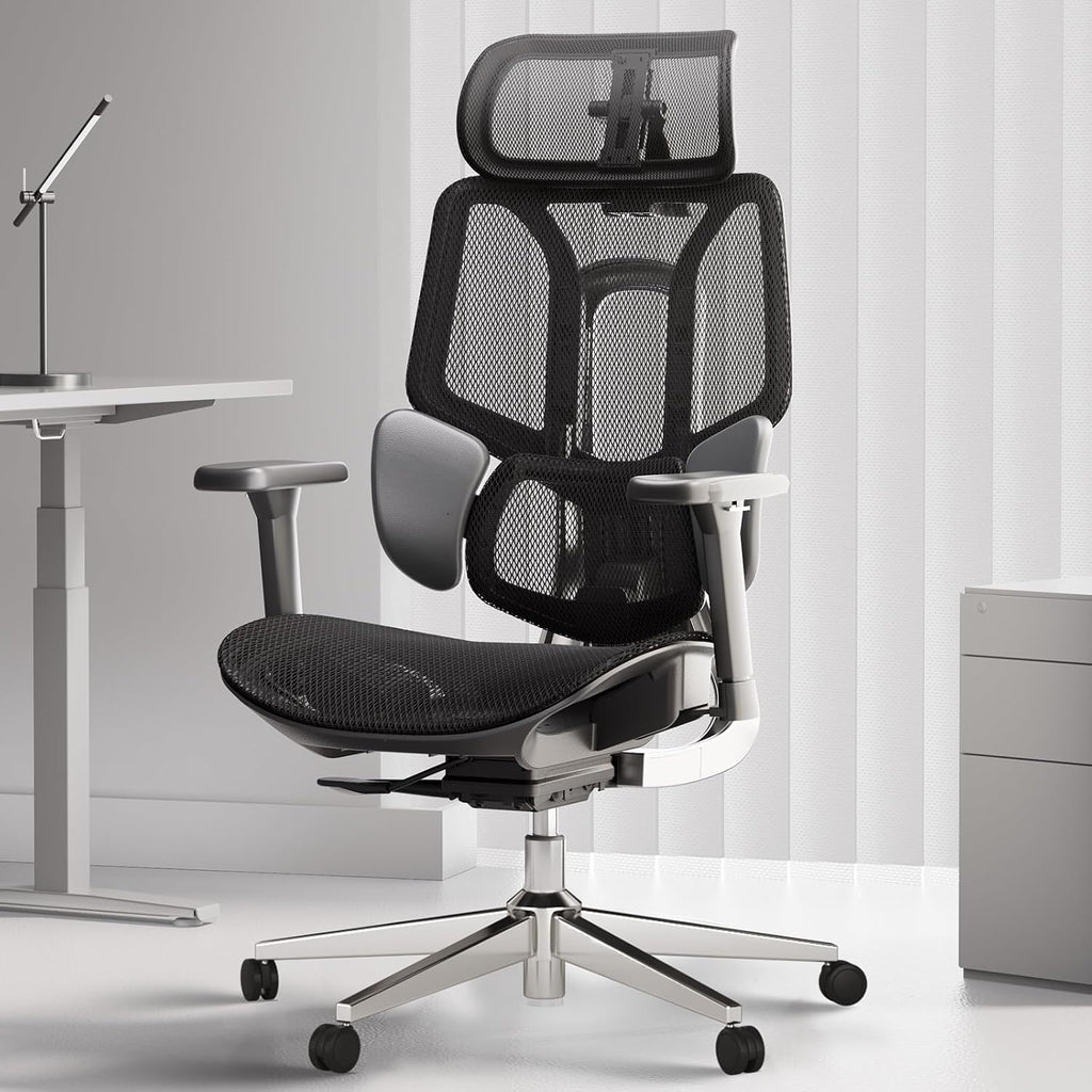 Hbada E3 Air Ergonomic Office Chair, Big and Tall Office Chair - with 3-Zone Dynamic Lumbar Support, 3D Adjustable Headrest, 3D Adjustable Armrests, Swivel Computer Chair, Black(No Footrest)