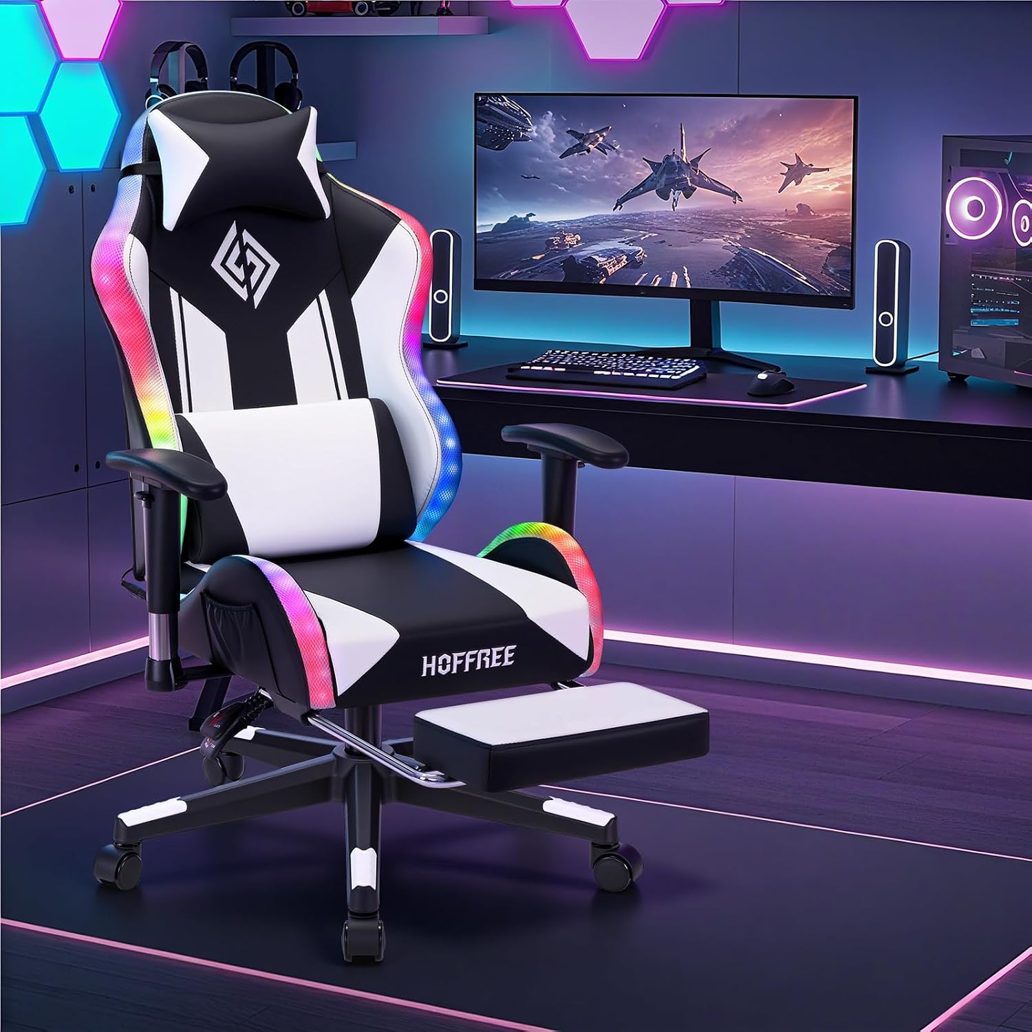 HOFFREE RGB LED Gaming Chair for Kids Reclining Gaming Chairs for Teens 8-15 Computer Chair with RGB Lights Kids PC Game Chair with Footrest and Lumbar Support Video Game Chairs White and Black