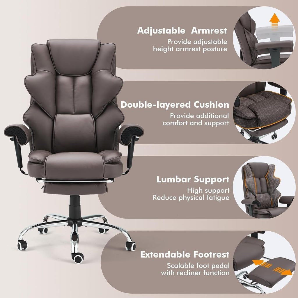 HOMREST 6-Point Massage Executive Chair,Heat Office Chair,Ergonomic Home Office Desk Chairs with Retractable Footrest and Reclining Function,Leather Computer Chair with Adjustable Armrest(‌Brown)