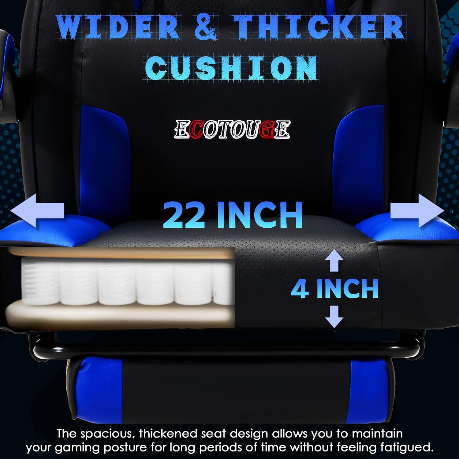 ECOTOUGE Gaming Chair with Footrest, Big and Tall Silla Gamer with Massage Lumbar Support, Ergonomic Gamer Chair with Reclining High Back, 360° Swivel Gaming Computer Chair, Blue