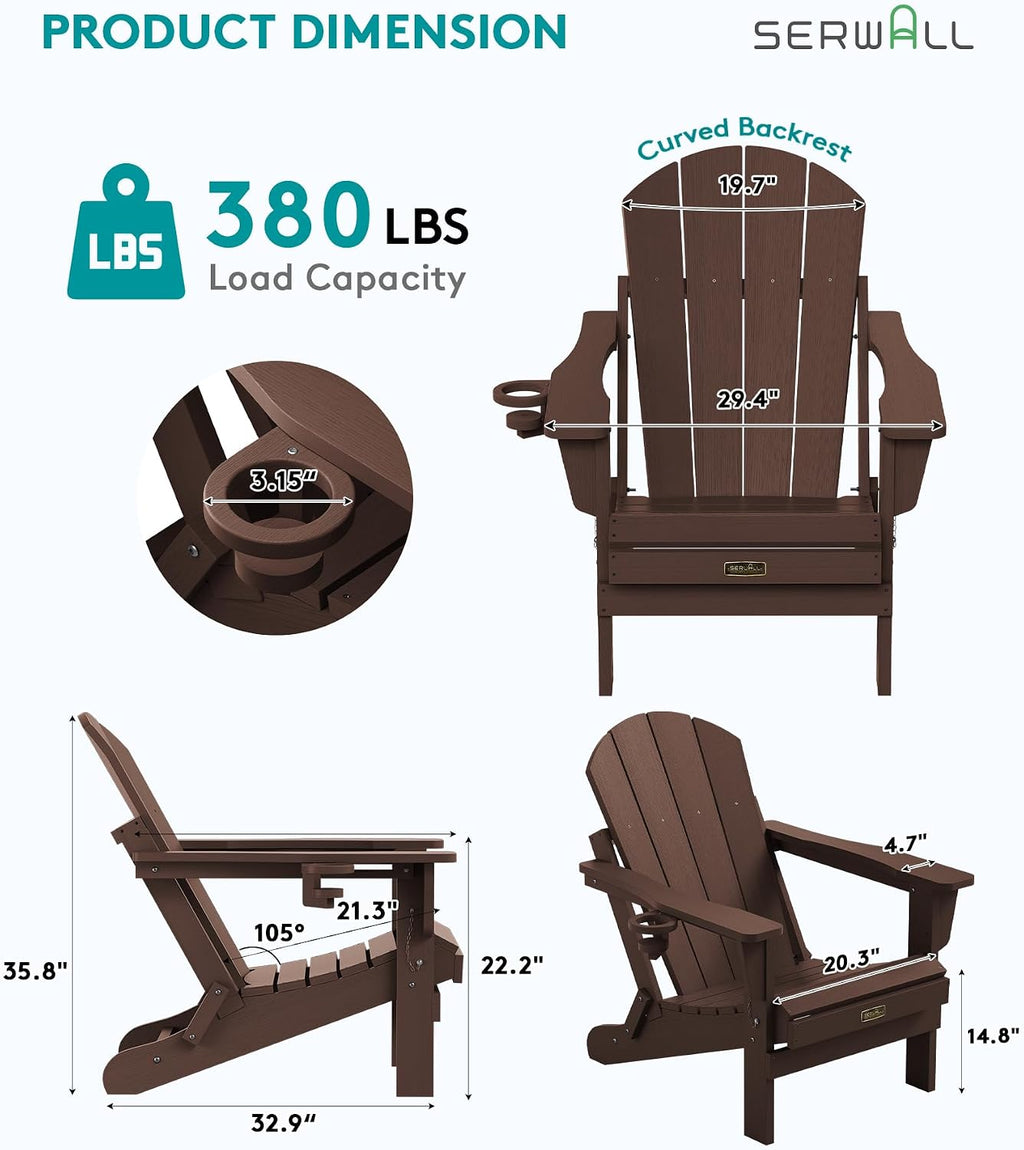 SERWALL Folding Adirondack Chair with Cup Holder for Outdoor, All-Weather Patio Chairs with Wood Texture, Fire Pit Chairs for Deck Porch Garden (Folding Coffee)