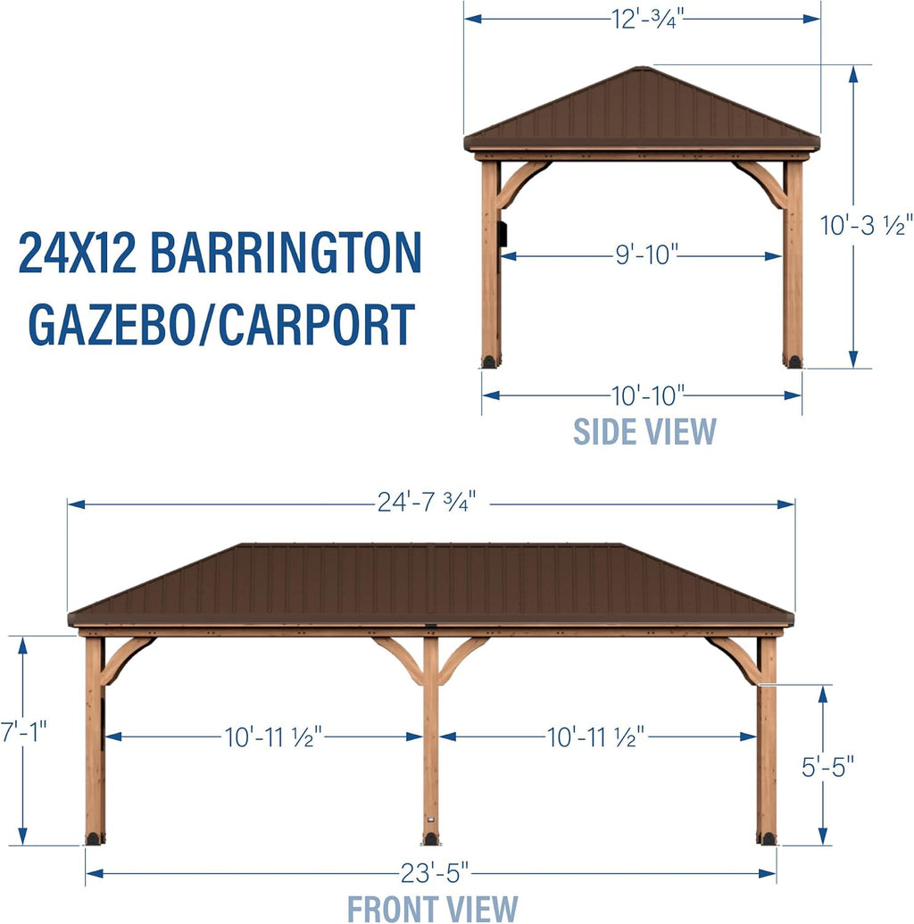 Backyard Discovery Barrington 24' x 12' Cedar Wood Outdoor Gazebo Pavilion with Hardtop Galvanized Steel Hip Roof, Snow Support, Wind Resistance, PowerPort, Shade for Garden, Patio, Deck, Entertaining