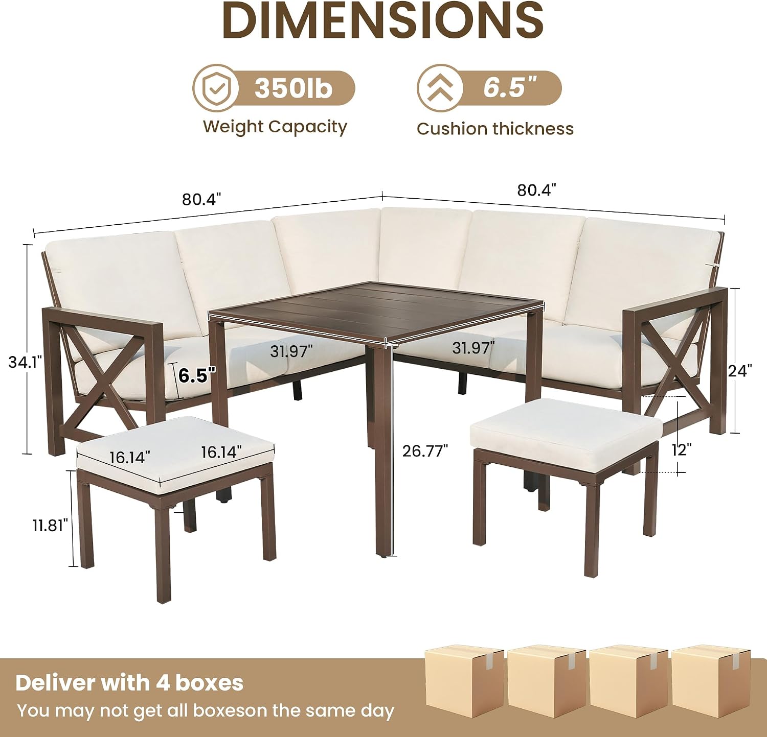 NATURAL EXPRESSIONS 8 Pieces Patio Furniture Sets,Metal Outdoor Sectional Furniture L Shape Conversation Sets with Dining Table,2 Ottomans,Highback Frame,Large Waterproof Cover, 6.5' Cushions for Yard