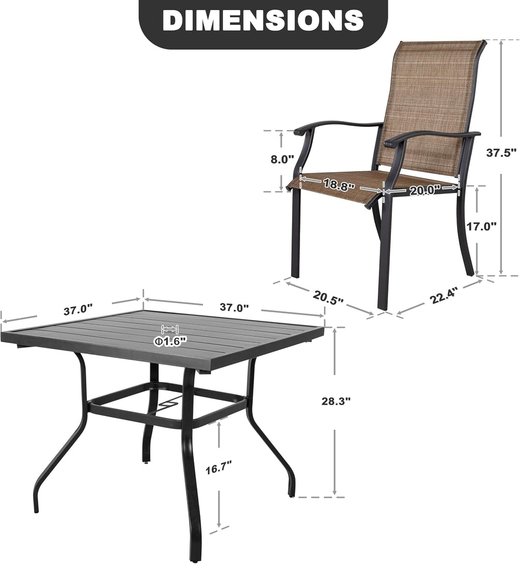 NUU GARDEN 5 Piece Outdoor Dining Set Patio Table and Chairs Set, 4 Textilene Dining Chairs and 1 Iron Patio Table with Umbrella Hole for Garden Patio Backyard, Black and Brown