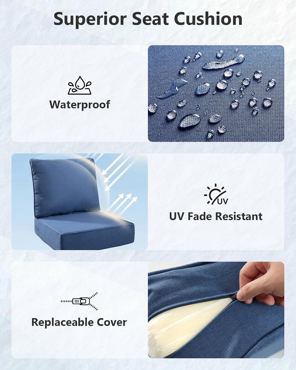 6' Thick Outdoor Cushion, 24*24*6' Patio Furniture Cushions with Waterproof Patio Furniture Cushions with Removable Cover, 28D High Density Patio Cushion for Outdoor Furniture, Blue-4pcs