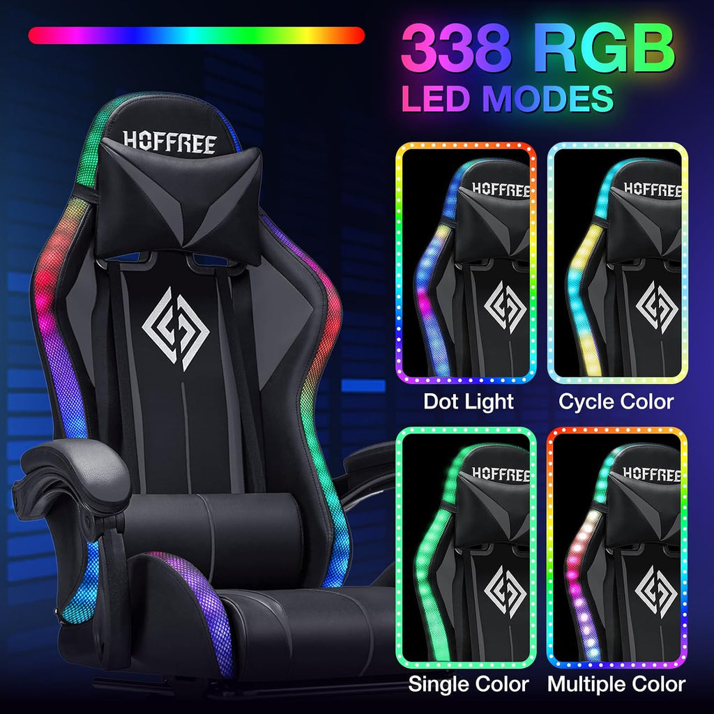 HOFFREE RGB Gaming Chair with Speakers Massage Computer Gaming Chair with LED Lights and Footrest High Back Video Game Chair for Adults Grey and Black