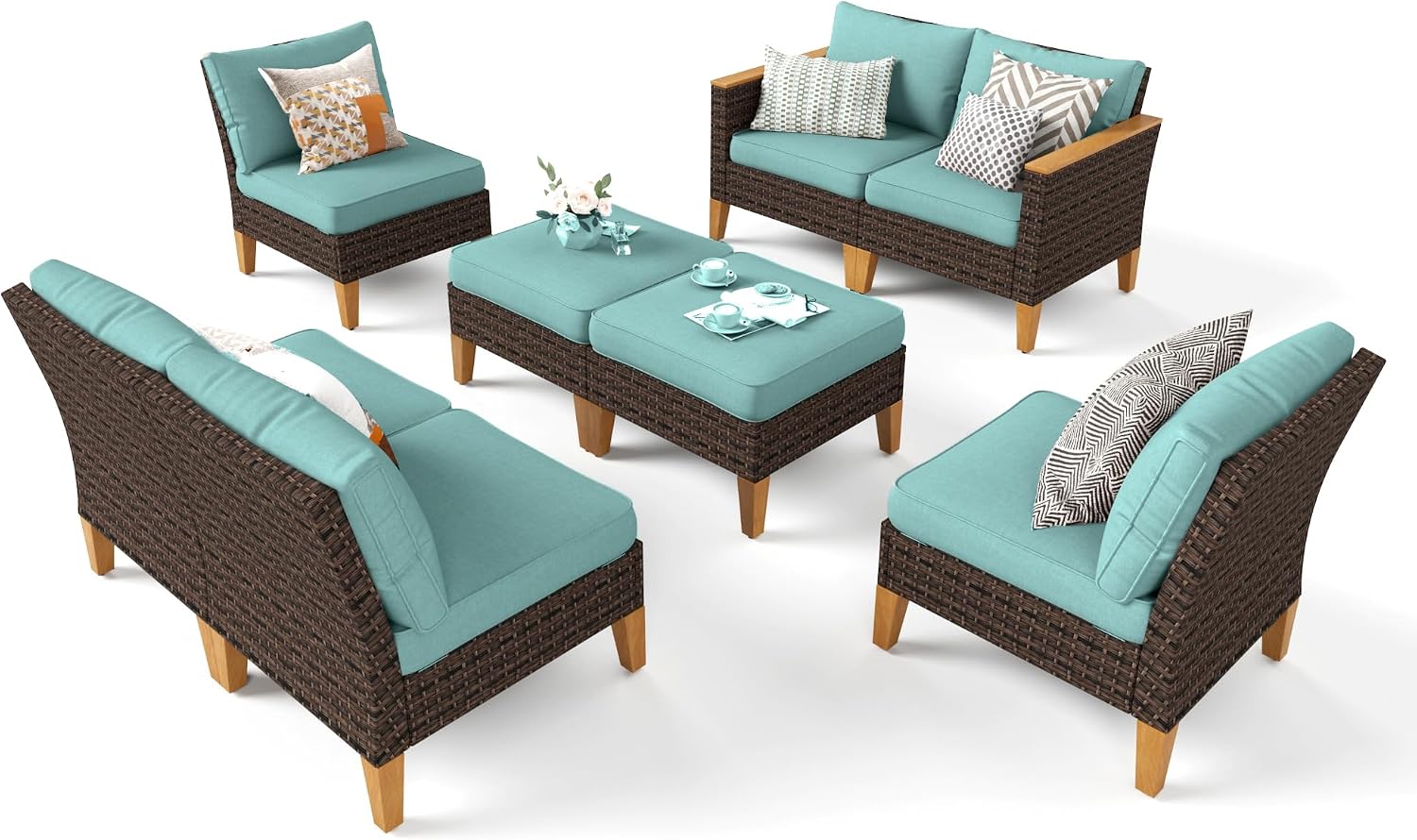 Sophia & William Oversized Patio Furniture Set, 8 Piece Outdoor Wicker Conversation Set Rattan Sectional Sofa, 2 Corner Sofa, 4 Armless Sofa, 2 Ottoman for Backyard, Deck, Pool(Aqua Blue)