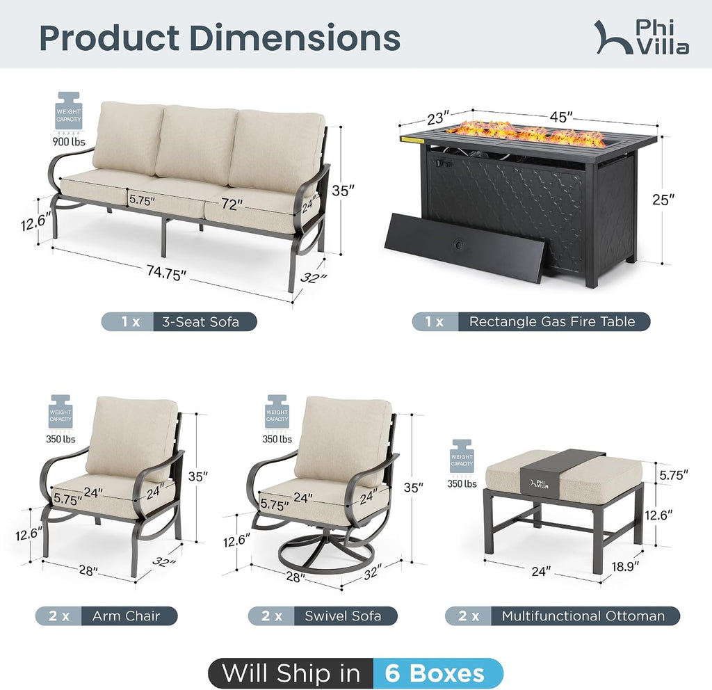 PHI VILLA 8 PCS Patio Furniture Set with Fire Pit Table,Metal Outdoor Furniture with 3-Seat Bench Sofa, Swivel Sofa Chairs, Leg Chair & Ottoman, Modern Patio Set, Beige