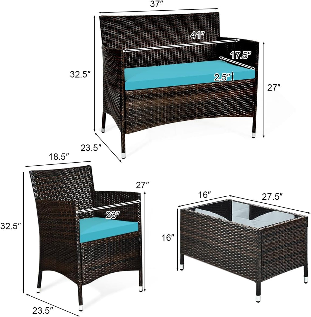HAPPYGRILL 4-Piece Patio Furniture Set Rattan Wicker Conversation Set with Cushioned Sofa and Coffee Table for Outdoor Backyard Garden Poolside